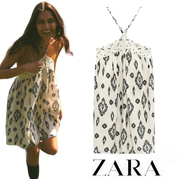 Zara Dresses & Skirts - ZARA | Ecru/Blue | PRINTED HALTER DRESS
